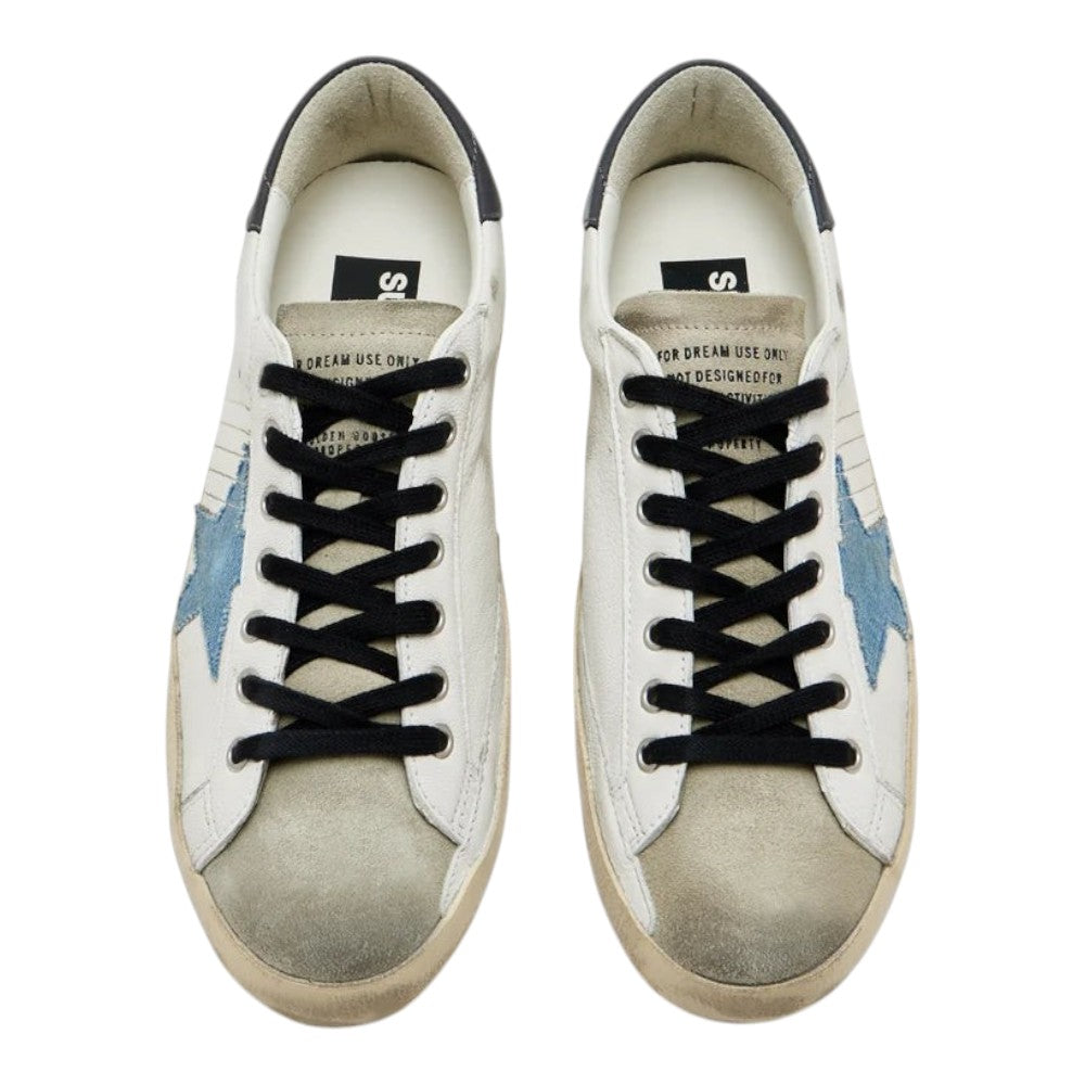 Luxurykicks.store Golden Goose Super-Star sneakers in white leather with a light blue suede star and black laces.