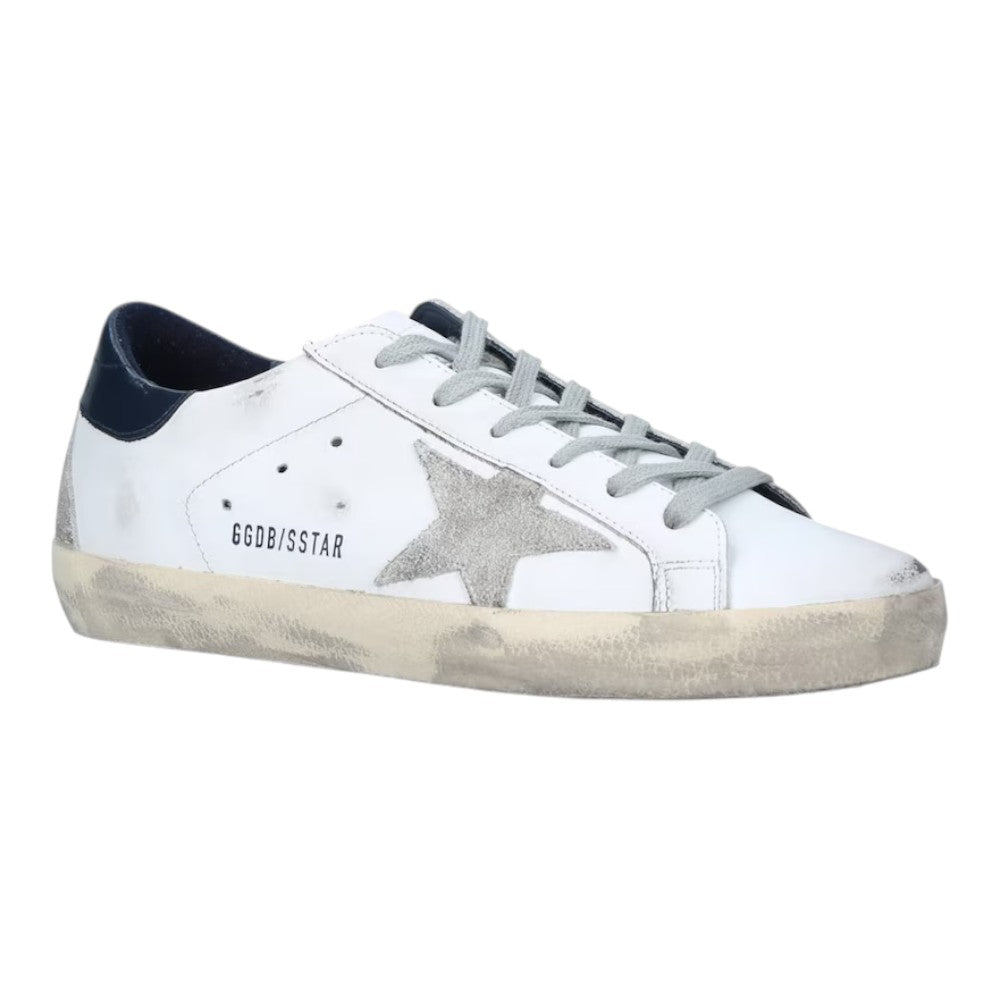 Luxurykicks.store Golden Goose Superstar low top sneakers in white leather with blue heel tab and distressed finish