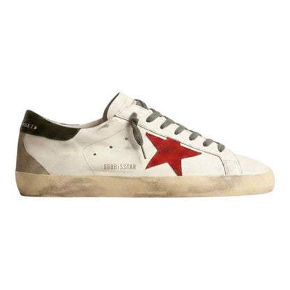 Luxurykicks.store Golden Goose Super-Star sneakers in white leather with a red suede star and distressed sole