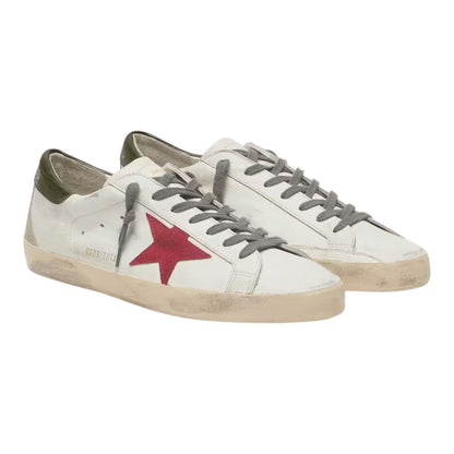 Luxurykicks.store Golden Goose Super-Star sneakers in white leather with a red suede star and distressed finish