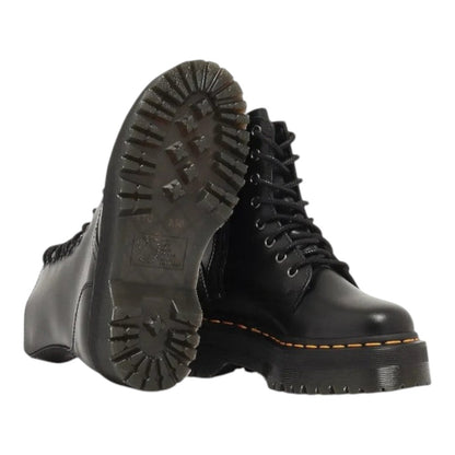 Luxurykicks.store Dr. Martens Jadon black smooth leather platform boots with yellow stitching and chunky lug soles.