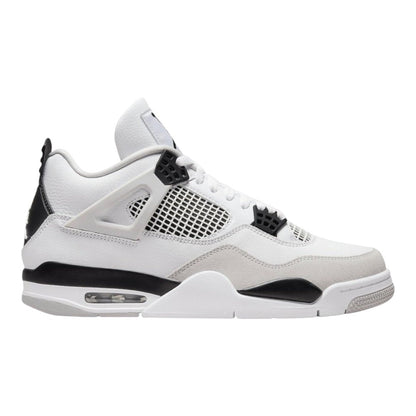 Luxurykicks.store Nike Air Jordan 4 Retro Military Black sneaker in white leather with black and grey accents.