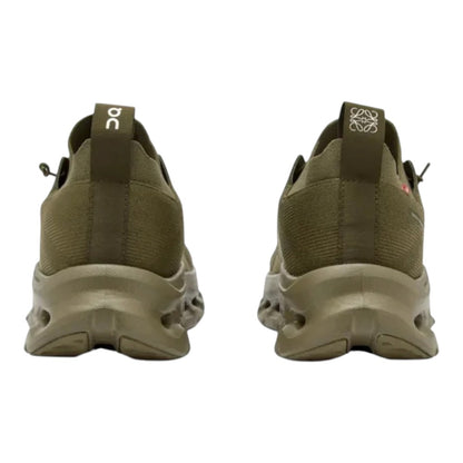 Luxurykicks.store Loewe x On Running Cloudtilt sneakers in khaki green, showing the rear view with branded heel tabs.