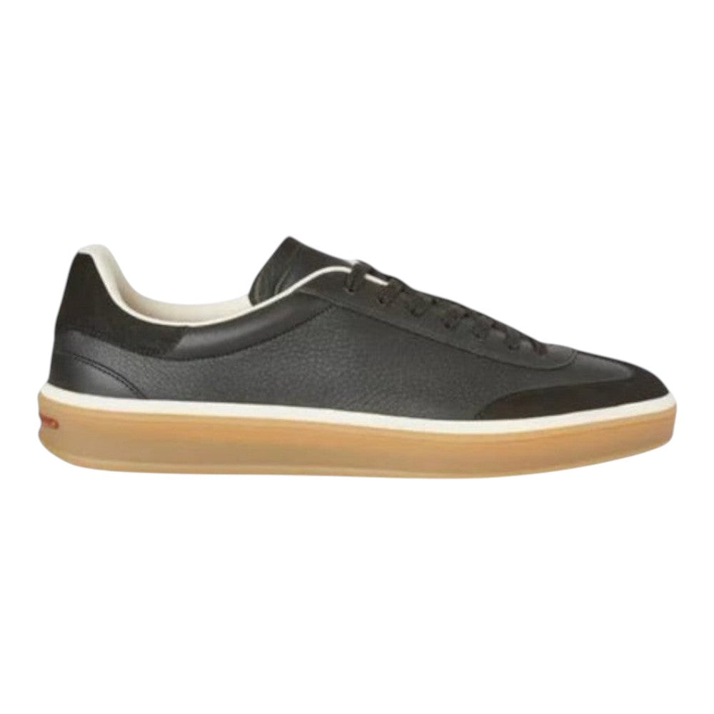 Luxurykicks.store Loro Piana Tennis Walk sneaker in black calfskin leather with a gum rubber sole and white trim.