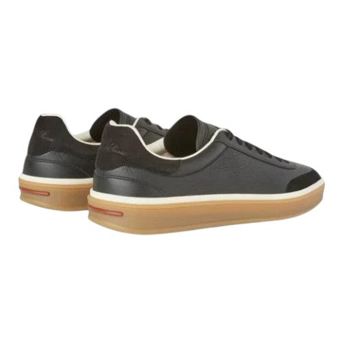 Luxurykicks.store Loro Piana Tennis Walk sneakers in black calfskin leather with a gum rubber sole, rear view.