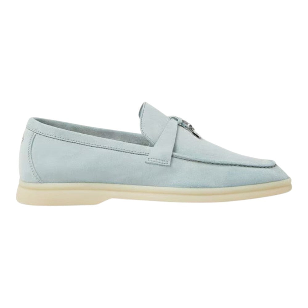 Luxurykicks.store Loro Piana Summer Charms Walk loafer in light blue suede with signature charm and white rubber sole