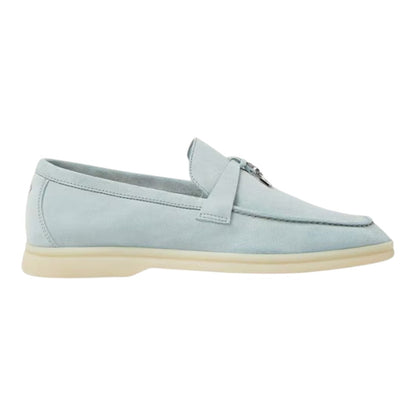 Luxurykicks.store Loro Piana Summer Charms Walk loafer in light blue suede with signature charm and white rubber sole