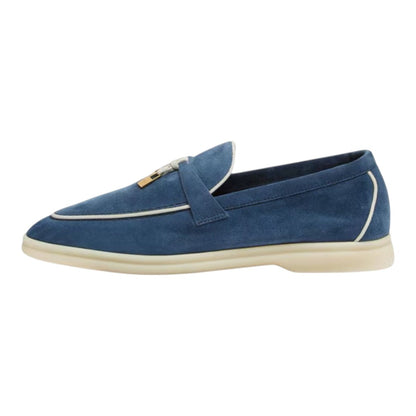 Luxurykicks.store Loro Piana Summer Charms Walk loafer in ocean blue suede with white trim and gold charm detail.