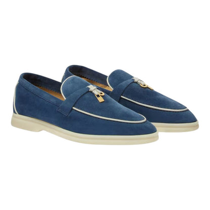 Luxurykicks.store Loro Piana Summer Charms Walk loafers in ocean blue suede with gold-tone charm detail and white sole.