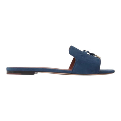 Luxurykicks.store Loro Piana blue suede slide sandals featuring a signature knot detail and a flat sole