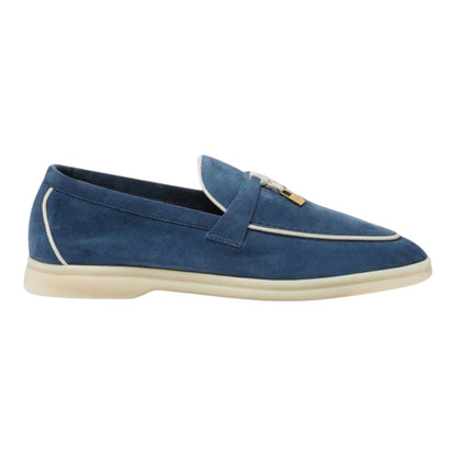 Luxurykicks.store Loro Piana Summer Charms Walk loafer in ocean blue suede with signature charm detail
