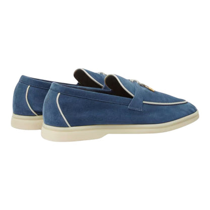 Luxurykicks.store Loro Piana Summer Charms Walk loafers in ocean blue suede with white trim and signature charms.