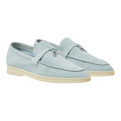 Luxurykicks.store Loro Piana Summer Charms Walk loafers in light blue suede with signature charm detail and white sole
