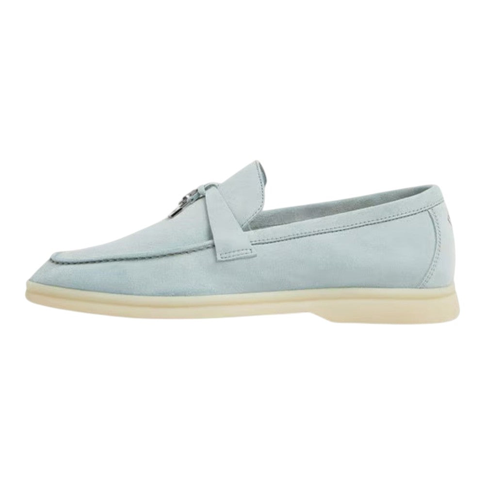 Luxurykicks.store Loro Piana Summer Charms Walk loafer in light blue Spring Waterfall Melange suede with charm detail.