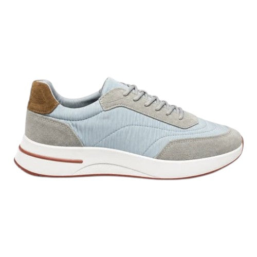 Luxurykicks.store Loro Piana Weekend Walk sneakers in light blue Storm System fabric with grey suede and brown heel