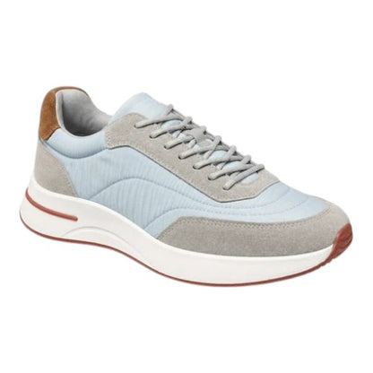 Luxurykicks.store Loro Piana Weekend Walk sneakers in light blue fabric and grey suede with brown leather heel tab