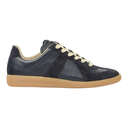 Luxurykicks.store Maison Margiela black suede and leather lace-up sneakers with a classic gum rubber sole