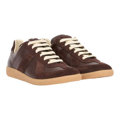 Luxurykicks.store Maison Margiela Replica sneakers in brown leather with suede overlays and gum rubber soles.