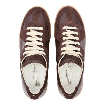 Luxurykicks.store Maison Margiela Replica sneakers in brown leather and suede with cream laces, top-down view.