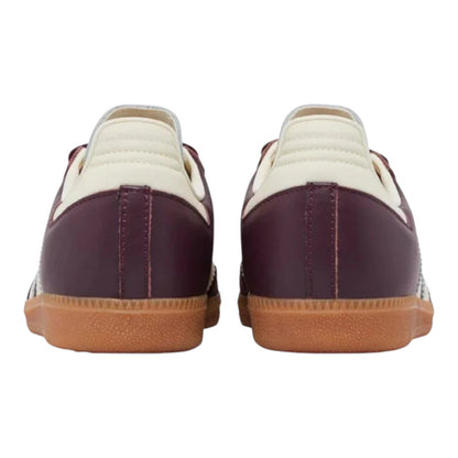 Luxurykicks.store Adidas Samba OG maroon leather sneakers showing the back heel view with gum rubber outsoles.