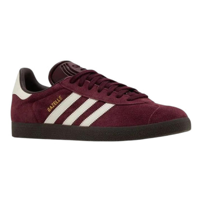 Luxurykicks.store adidas Gazelle sneaker in maroon suede with white stripes and a dark gum rubber outsole