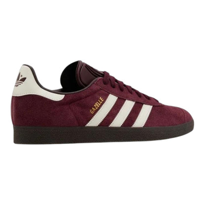 Luxurykicks.store adidas Gazelle sneaker in maroon suede with white stripes and a dark gum rubber outsole.