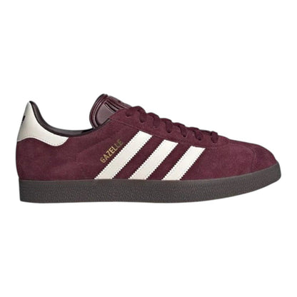 Luxurykicks.store adidas Gazelle maroon suede sneakers with white three-stripe branding and a gum rubber outsole.