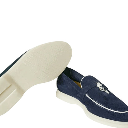 Luxurykicks.store navy blue suede Summer Charms Walk loafers with white rubber soles and silver charm detail