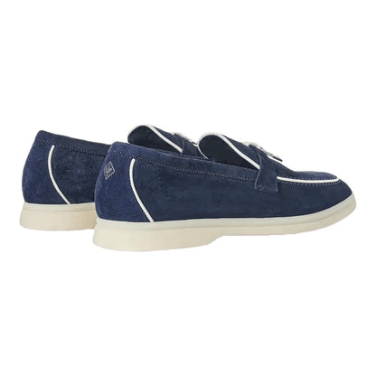 Luxurykicks.store Loro Piana Summer Charms Walk loafers in navy blue suede with white trim and a white rubber sole.