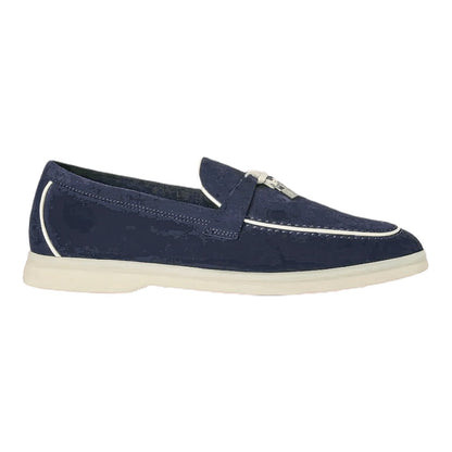 Luxurykicks.store navy blue suede Summer Charms Walk loafers with white trim and silver charm detail