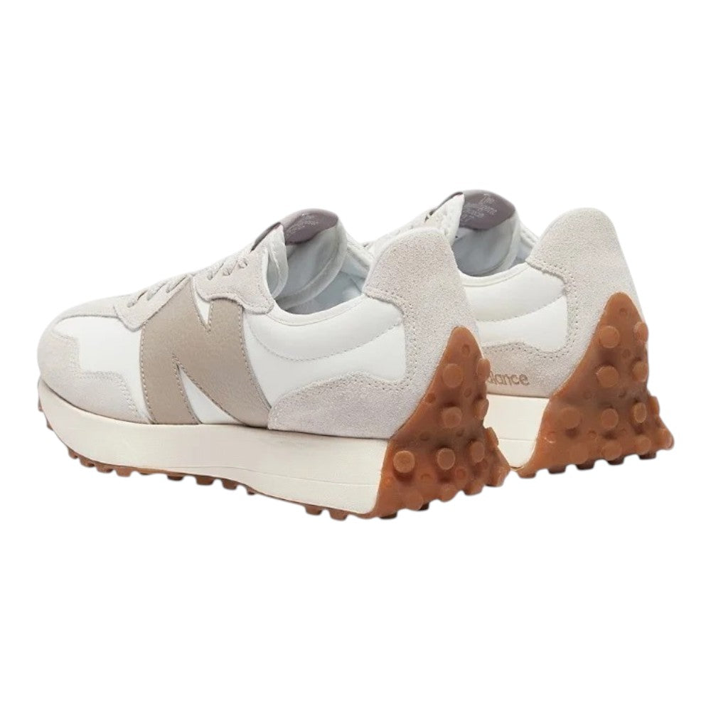 Luxurykicks.store New Balance 327 Moonbeam Driftwood sneakers featuring a cream and tan suede and nylon design.