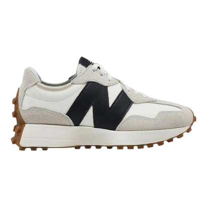Luxurykicks.store New Balance 327 Moonbeam Outerspace sneaker with white leather, grey suede, and black N logo