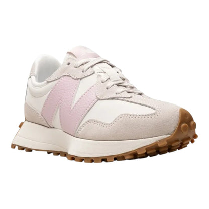 Luxurykicks.store New Balance 327 women's sneaker in moonbeam and sky blue suede and mesh with gum rubber tread.