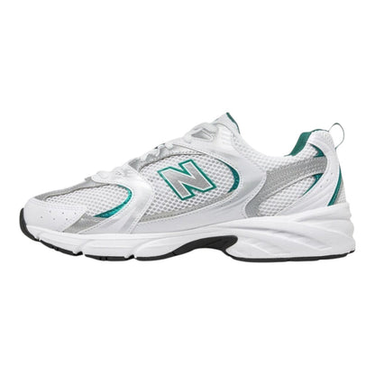 Luxurykicks.store New Balance 530 sneakers in white mesh with silver and green accents and cushioned midsole