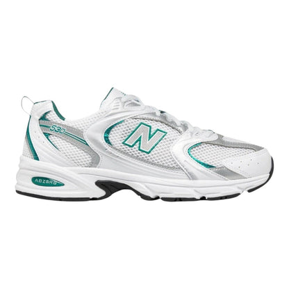 Luxurykicks.store New Balance 530 sneakers in white mesh with silver and green accents and ABZORB cushioning technology