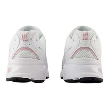 Luxurykicks.store New Balance 530 sneakers in white and soft pink, rear view showing mesh and synthetic heel design.