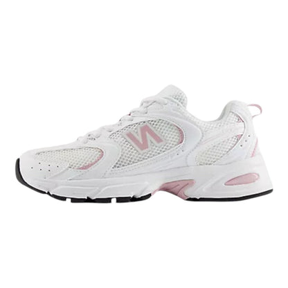 Luxurykicks.store New Balance 530 sneakers in white and soft pink with breathable mesh and retro design
