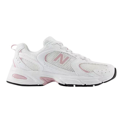 Luxurykicks.store New Balance 530 sneakers in white and soft pink with breathable mesh and synthetic upper