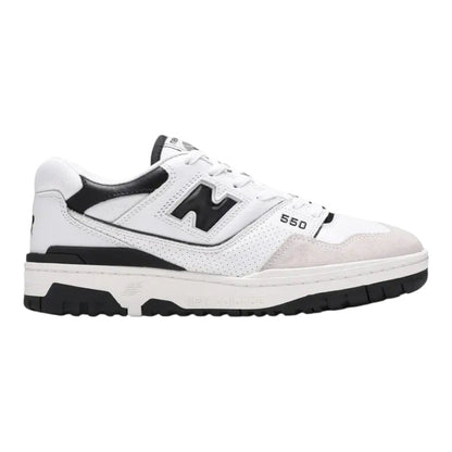 Luxurykicks.store New Balance 550 sneaker in sea salt and black leather with suede toe cap and rubber sole.