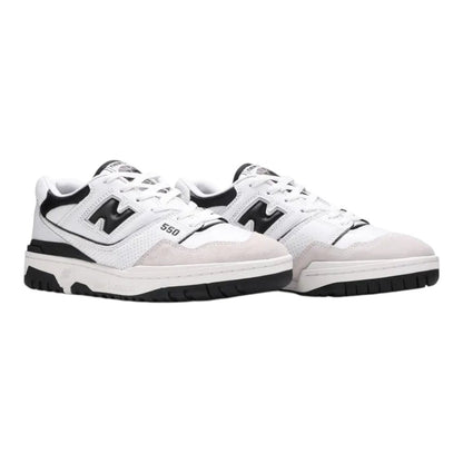 Luxurykicks.store New Balance 550 sneakers in sea salt and black leather with a retro basketball design.