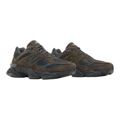 Luxurykicks.store New Balance 9060 Beef & Broccoli sneakers in brown suede and mesh with green accents.