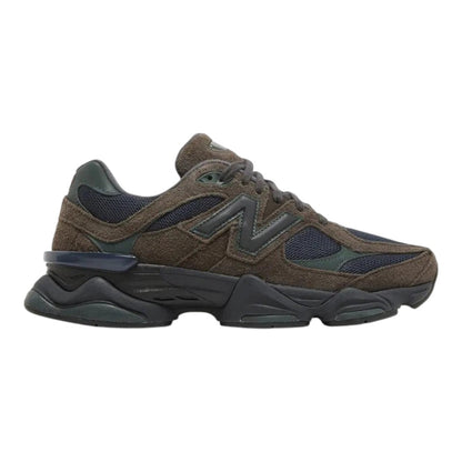 Luxurykicks.store New Balance 9060 Beef & Broccoli sneaker in brown suede and mesh with green accents, side view.