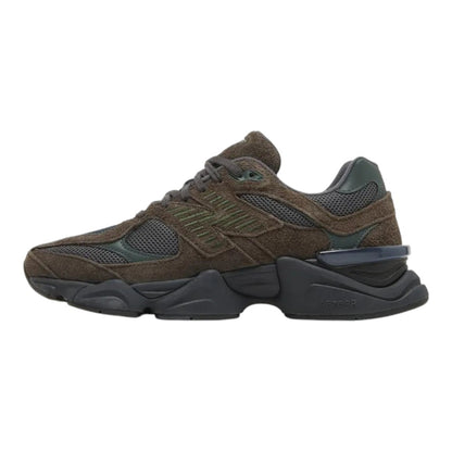 Luxurykicks.store New Balance 9060 Beef & Broccoli sneaker in dark brown suede and mesh with green accents.