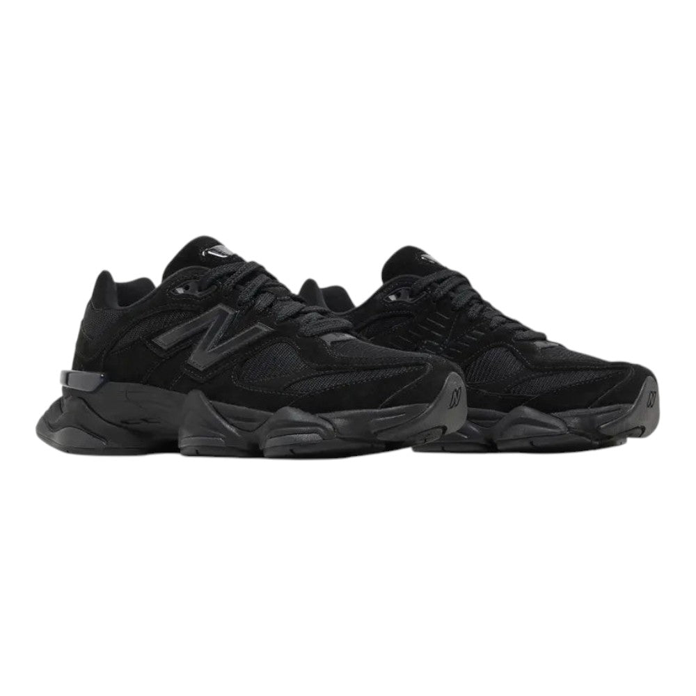 Luxurykicks.store New Balance 9060 Triple Black sneakers featuring a monochromatic suede and mesh design.