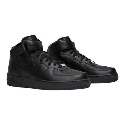 Luxurykicks.store Nike Air Force 1 Mid '07 Triple Black sneakers featuring all-black leather and ankle strap.