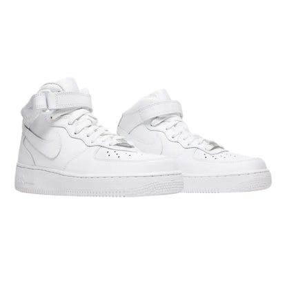 Luxurykicks.store Nike Air Force 1 '07 Mid Triple White sneakers in premium leather with ankle strap and white sole.