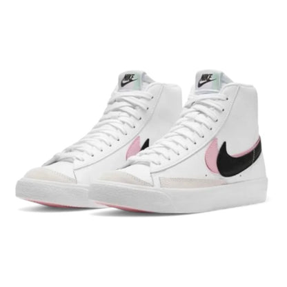 Luxurykicks.store Nike Blazer Mid 77 sneakers in white leather with black swoosh and Arctic Punch pink accents.
