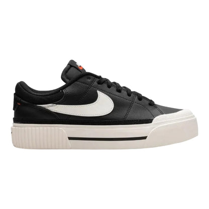 Luxurykicks.store Nike Court Legacy Lift sneaker in black leather with a white swoosh and thick platform sole.