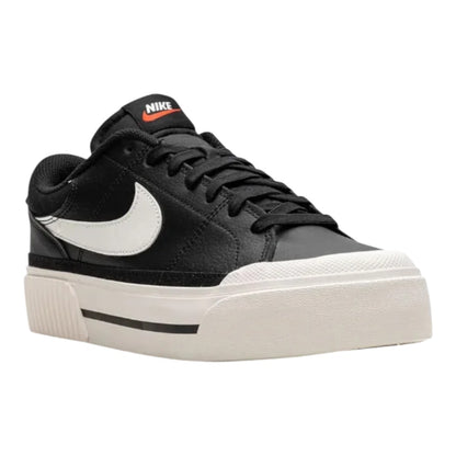Luxurykicks.store Nike Court Legacy Lift sneaker in black leather with a white swoosh and thick platform sole.