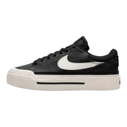Luxurykicks.store Nike Court Legacy Lift sneaker in black leather with a white swoosh and elevated platform sole.